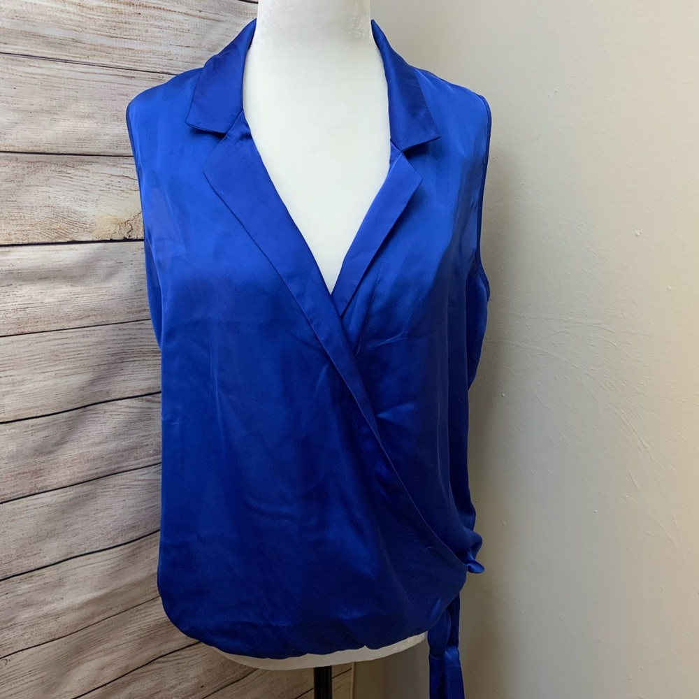 Suzy Shier Cobalt Blue Satin Cross Over Tank Top